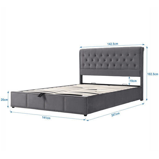 Cama contentora estofada em veludo - decorada com rebites - com estrado de ripas - 140x200cm - Cinzento Cama contentora estofada em veludo - decorada com rebites - com estrado de ripas - 140x200cm - Cinzento