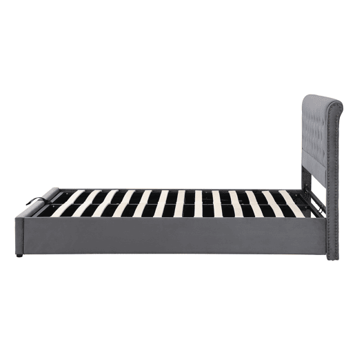 Cama contentora estofada em veludo - decorada com rebites - com estrado de ripas - 140x200cm - Cinzento Cama contentora estofada em veludo - decorada com rebites - com estrado de ripas - 140x200cm - Cinzento