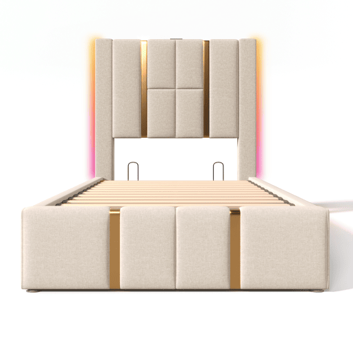 Cama estofada 90x200 - Cama com arrumação, função de carregamento USB Tipo C, controlo por APP, LED - Bege