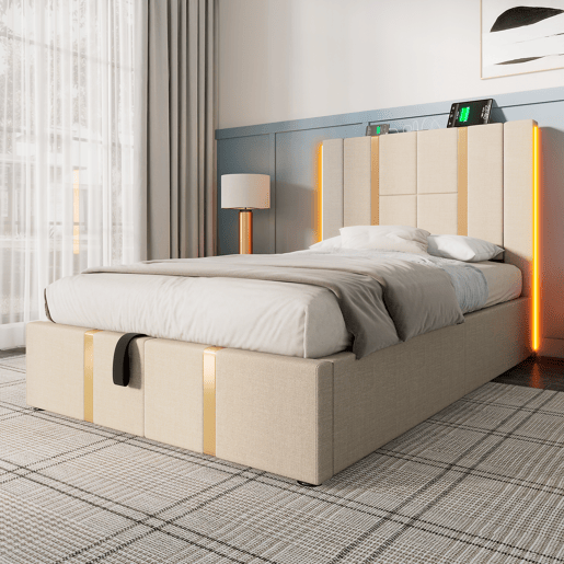 Cama estofada 90x200 - Cama com arrumação, função de carregamento USB Tipo C, controlo por APP, LED - Bege