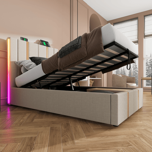 Cama estofada 90x200 - Cama com arrumação, função de carregamento USB Tipo C, controlo por APP, LED - Bege