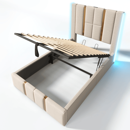 Cama estofada 90x200 - Cama com arrumação, função de carregamento USB Tipo C, controlo por APP, LED - Bege