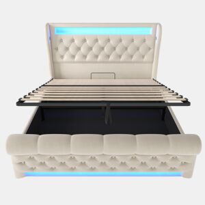 Cama estofada 160x200cm - Cama hidráulica com cabeceira com arrumação, portas USB e Tipo-C, com luzes LED - Bege