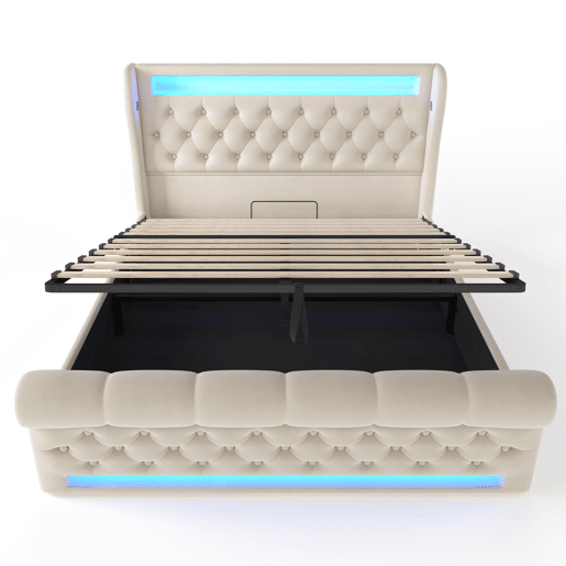 Cama estofada 160x200cm - Cama hidráulica com cabeceira com arrumação, portas USB e Tipo-C, com luzes LED - Bege Cama estofada 160x200cm - Cama hidráulica com cabeceira com arrumação, portas USB e Tipo-C, com luzes LED - Bege