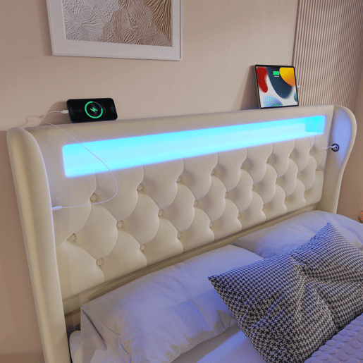 Cama estofada 160x200cm - Cama hidráulica com cabeceira com arrumação, portas USB e Tipo-C, com luzes LED - Bege Cama estofada 160x200cm - Cama hidráulica com cabeceira com arrumação, portas USB e Tipo-C, com luzes LED - Bege