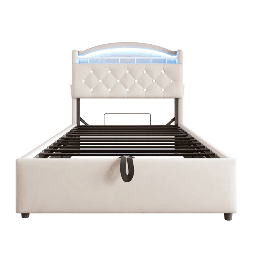 Cama infantil 90x200 - Cama multifuncional com arrumação, LED e USB - Bege Cama infantil 90x200 - Cama multifuncional com arrumação, LED e USB - Bege