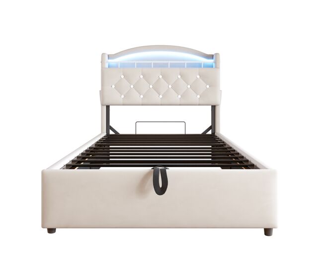 Cama infantil 90x200 - cama multifuncional con almacenamiento, led y usb - beige