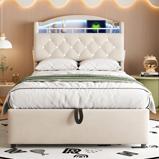 Cama infantil 90x200 - Cama multifuncional com arrumação, LED e USB - Bege Cama infantil 90x200 - Cama multifuncional com arrumação, LED e USB - Bege