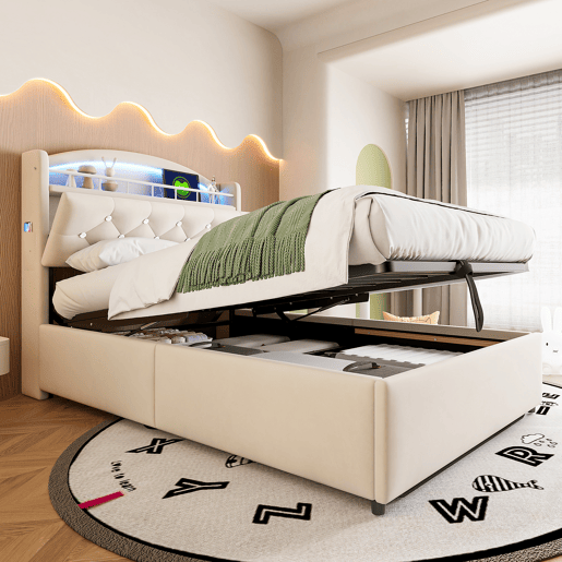 Cama infantil 90x200 - Cama multifuncional com arrumação, LED e USB - Bege Cama infantil 90x200 - Cama multifuncional com arrumação, LED e USB - Bege