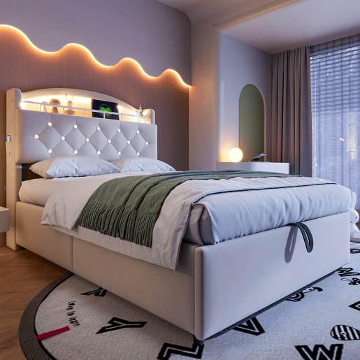 Cama infantil 90x200 - Cama multifuncional com arrumação, LED e USB - Bege Cama infantil 90x200 - Cama multifuncional com arrumação, LED e USB - Bege