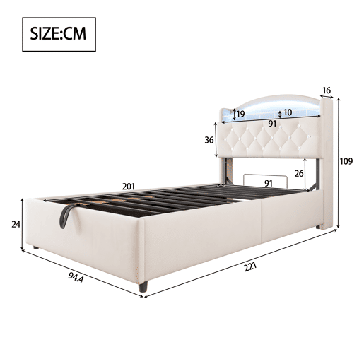 Cama infantil 90x200 - Cama multifuncional com arrumação, LED e USB - Bege Cama infantil 90x200 - Cama multifuncional com arrumação, LED e USB - Bege