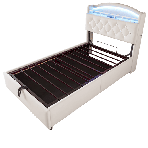 Cama infantil 90x200 - Cama multifuncional com arrumação, LED e USB - Bege Cama infantil 90x200 - Cama multifuncional com arrumação, LED e USB - Bege