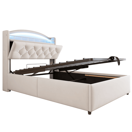 Cama infantil 90x200 - Cama multifuncional com arrumação, LED e USB - Bege Cama infantil 90x200 - Cama multifuncional com arrumação, LED e USB - Bege