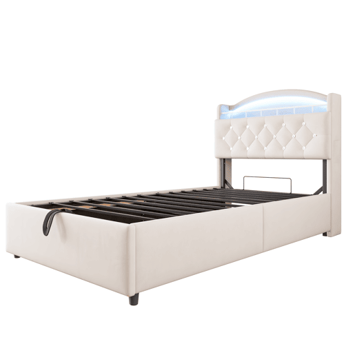 Cama infantil 90x200 - Cama multifuncional com arrumação, LED e USB - Bege Cama infantil 90x200 - Cama multifuncional com arrumação, LED e USB - Bege