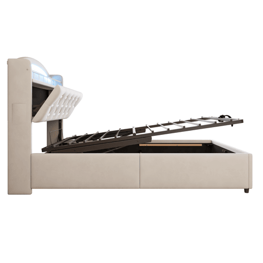 Cama infantil 90x200 - Cama multifuncional com arrumação, LED e USB - Bege Cama infantil 90x200 - Cama multifuncional com arrumação, LED e USB - Bege