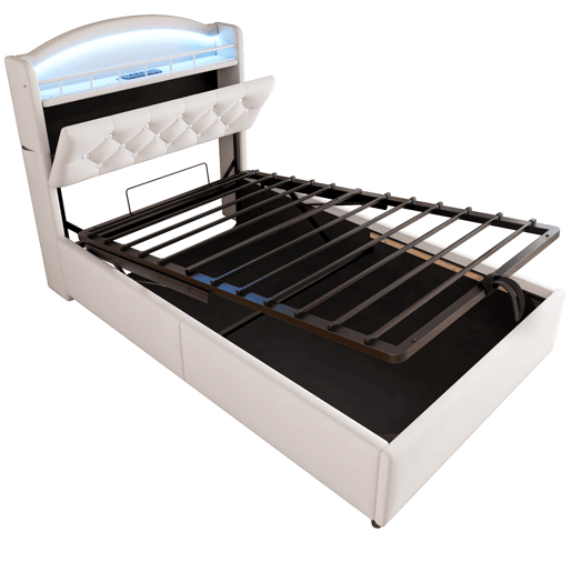 Cama infantil 90x200 - Cama multifuncional com arrumação, LED e USB - Bege Cama infantil 90x200 - Cama multifuncional com arrumação, LED e USB - Bege