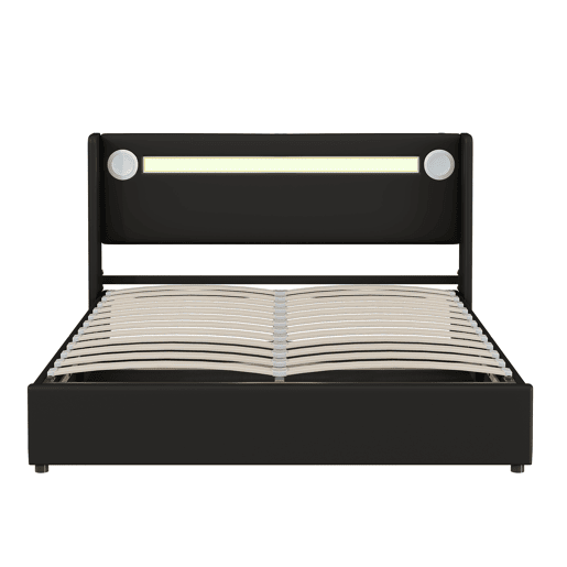 Cama contentora estofada em pele 160x200 cm com LED, leitor Bluetooth e portas de carregamento USB - com estrado de molas - Preto Cama contentora estofada em pele 160x200 cm com LED, leitor Bluetooth e portas de carregamento USB - com estrado de molas - Preto