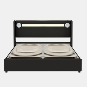 Cama contentora estofada em pele 160x200 cm com LED, leitor Bluetooth e portas de carregamento USB - com estrado de molas - Preto