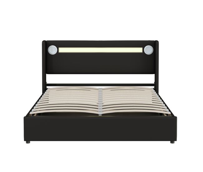 Cama contenedor tapizada en piel sintética 160x200 cm con led, reproductor bluetooth y puertos de carga usb - con somier - negro