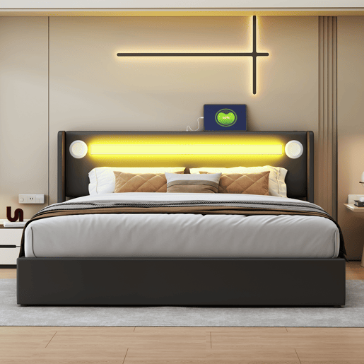 Cama contentora estofada em pele 160x200 cm com LED, leitor Bluetooth e portas de carregamento USB - com estrado de molas - Preto Cama contentora estofada em pele 160x200 cm com LED, leitor Bluetooth e portas de carregamento USB - com estrado de molas - Preto