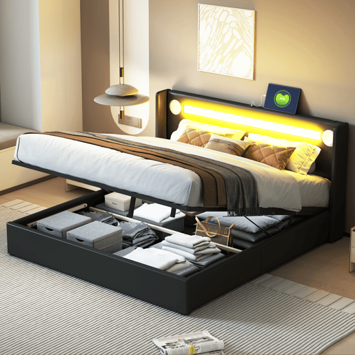 Cama contentora estofada em pele 160x200 cm com LED, leitor Bluetooth e portas de carregamento USB - com estrado de molas - Preto Cama contentora estofada em pele 160x200 cm com LED, leitor Bluetooth e portas de carregamento USB - com estrado de molas - Preto