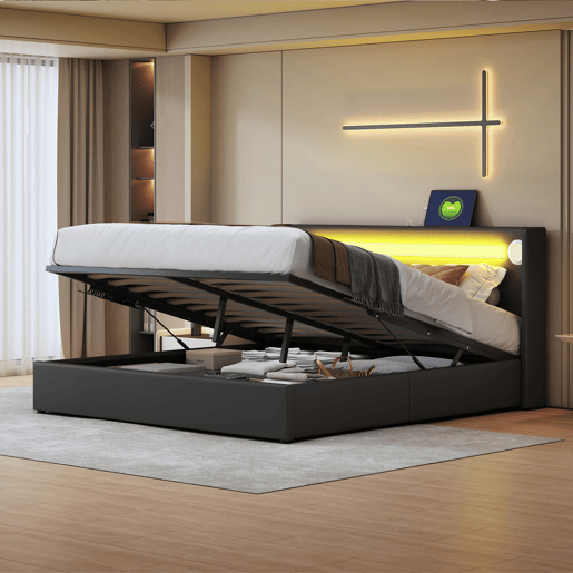 Cama contentora estofada em pele 160x200 cm com LED, leitor Bluetooth e portas de carregamento USB - com estrado de molas - Preto Cama contentora estofada em pele 160x200 cm com LED, leitor Bluetooth e portas de carregamento USB - com estrado de molas - Preto