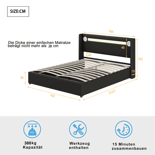 Cama contentora estofada em pele 160x200 cm com LED, leitor Bluetooth e portas de carregamento USB - com estrado de molas - Preto Cama contentora estofada em pele 160x200 cm com LED, leitor Bluetooth e portas de carregamento USB - com estrado de molas - Preto