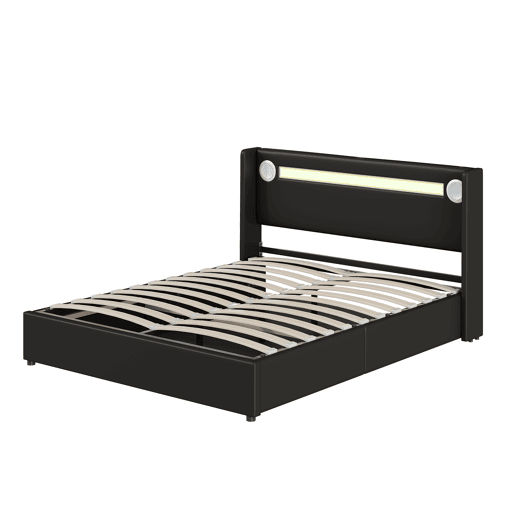 Cama contentora estofada em pele 160x200 cm com LED, leitor Bluetooth e portas de carregamento USB - com estrado de molas - Preto Cama contentora estofada em pele 160x200 cm com LED, leitor Bluetooth e portas de carregamento USB - com estrado de molas - Preto