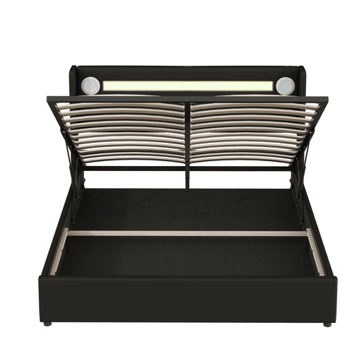 Cama contentora estofada em pele 160x200 cm com LED, leitor Bluetooth e portas de carregamento USB - com estrado de molas - Preto Cama contentora estofada em pele 160x200 cm com LED, leitor Bluetooth e portas de carregamento USB - com estrado de molas - Preto
