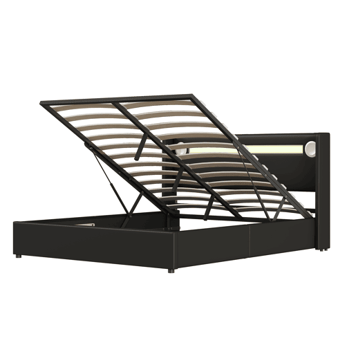 Cama contentora estofada em pele 160x200 cm com LED, leitor Bluetooth e portas de carregamento USB - com estrado de molas - Preto Cama contentora estofada em pele 160x200 cm com LED, leitor Bluetooth e portas de carregamento USB - com estrado de molas - Preto