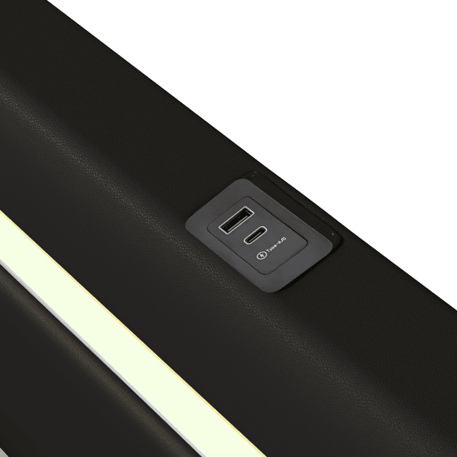 Cama contentora estofada em pele 160x200 cm com LED, leitor Bluetooth e portas de carregamento USB - com estrado de molas - Preto Cama contentora estofada em pele 160x200 cm com LED, leitor Bluetooth e portas de carregamento USB - com estrado de molas - Preto