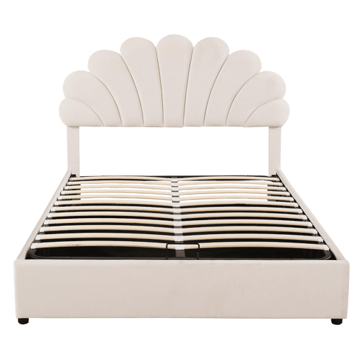 Cama com arrumação estofada em veludo - 140x200 cm - cabeceira em forma de flor - com estrado de ripas - Bege Cama com arrumação estofada em veludo - 140x200 cm - cabeceira em forma de flor - com estrado de ripas - Bege