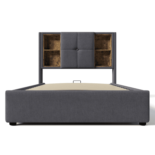Cama individual 90x200 cm - Carregamento sem fios USB C, com arrumação e estrado de madeira - Cinza algodão Cama individual 90x200 cm - Carregamento sem fios USB C, com arrumação e estrado de madeira - Cinza algodão