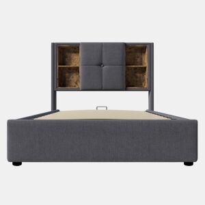 Cama individual 90x200 cm - Carregamento sem fios USB C, com arrumação e estrado de madeira - Cinza algodão