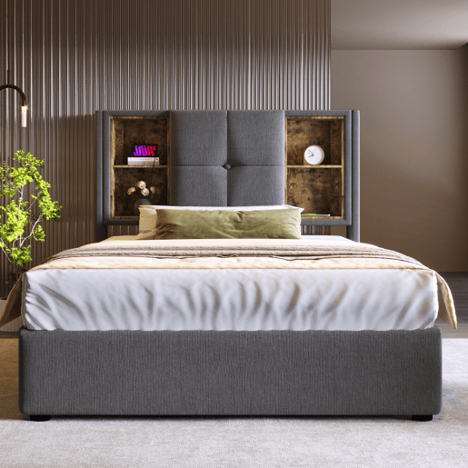 Cama individual 90x200 cm - Carregamento sem fios USB C, com arrumação e estrado de madeira - Cinza algodão Cama individual 90x200 cm - Carregamento sem fios USB C, com arrumação e estrado de madeira - Cinza algodão