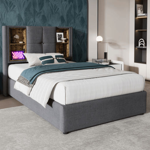 Cama individual 90x200 cm - Carregamento sem fios USB C, com arrumação e estrado de madeira - Cinza algodão Cama individual 90x200 cm - Carregamento sem fios USB C, com arrumação e estrado de madeira - Cinza algodão