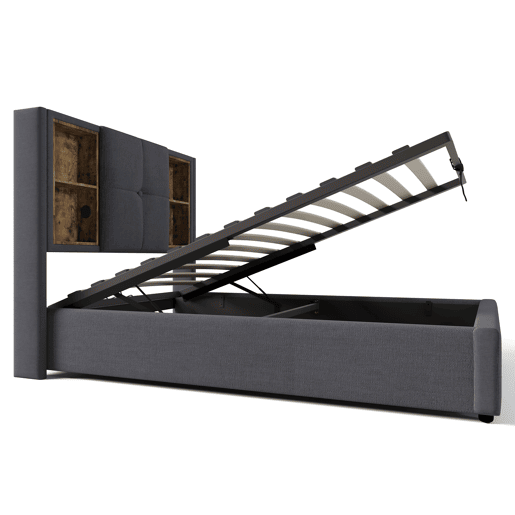 Cama individual 90x200 cm - Carregamento sem fios USB C, com arrumação e estrado de madeira - Cinza algodão Cama individual 90x200 cm - Carregamento sem fios USB C, com arrumação e estrado de madeira - Cinza algodão