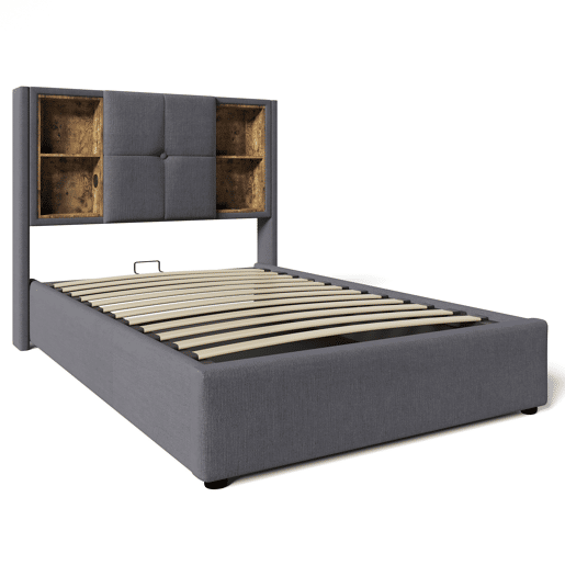 Cama individual 90x200 cm - Carregamento sem fios USB C, com arrumação e estrado de madeira - Cinza algodão Cama individual 90x200 cm - Carregamento sem fios USB C, com arrumação e estrado de madeira - Cinza algodão