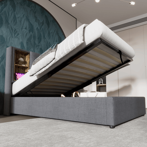 Cama individual 90x200 cm - Carregamento sem fios USB C, com arrumação e estrado de madeira - Cinza algodão Cama individual 90x200 cm - Carregamento sem fios USB C, com arrumação e estrado de madeira - Cinza algodão