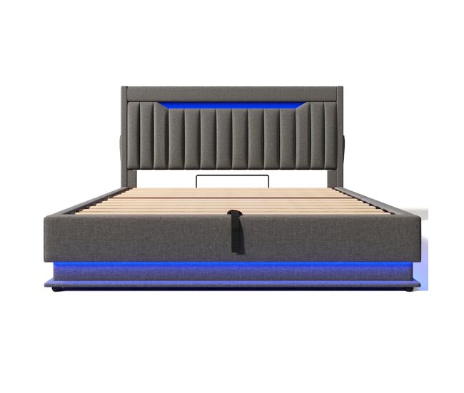 Cama tapizada 160x200 cm - cabecero con almacenamiento, puertos usb y type-c, iluminación led en cabecera y pie, con almacenamiento hidráulico - gris