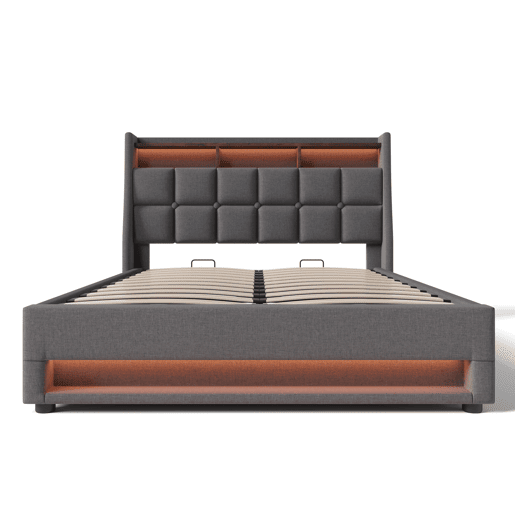 Cama estofada com USB 140x200cm - LED, cama de casal com estrado de ripas, estrutura metálica, cabeceira de linho (com colchão) - Bege