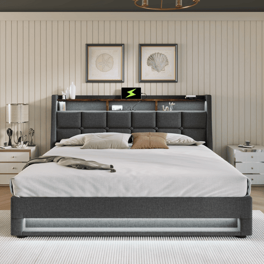 Cama estofada com USB 140x200cm - LED, cama de casal com estrado de ripas, estrutura metálica, cabeceira de linho (com colchão) - Bege
