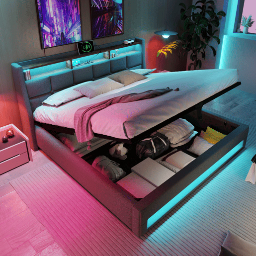 Cama estofada com USB 140x200cm - LED, cama de casal com estrado de ripas, estrutura metálica, cabeceira de linho (com colchão) - Bege
