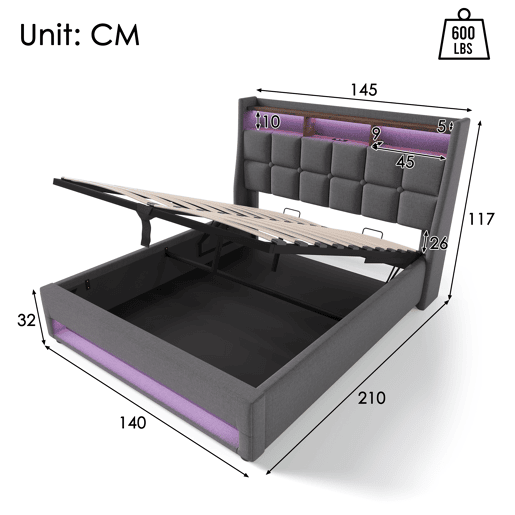 Cama estofada com USB 140x200cm - LED, cama de casal com estrado de ripas, estrutura metálica, cabeceira de linho (com colchão) - Bege