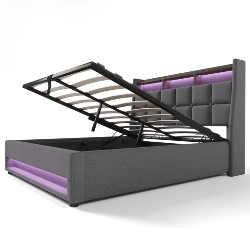 Cama estofada com USB 140x200cm - LED, cama de casal com estrado de ripas, estrutura metálica, cabeceira de linho (com colchão) - Bege