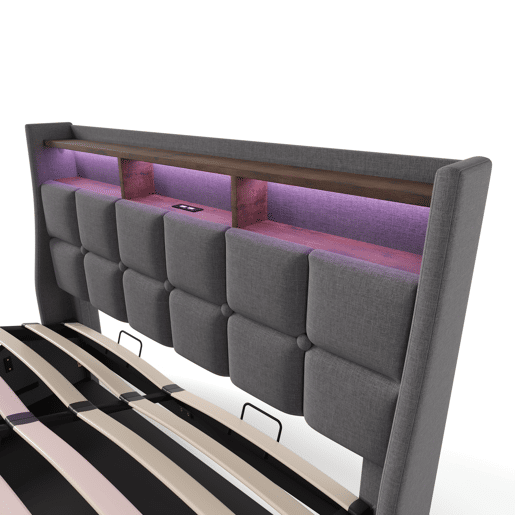 Cama estofada com USB 140x200cm - LED, cama de casal com estrado de ripas, estrutura metálica, cabeceira de linho (com colchão) - Bege
