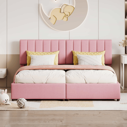 Sofá-cama estofado em tecido de linho - 180x200 cm - transformável em 2 camas individuais - Rosa