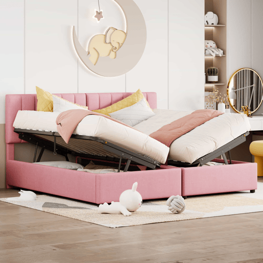 Sofá-cama estofado em tecido de linho - 180x200 cm - transformável em 2 camas individuais - Rosa