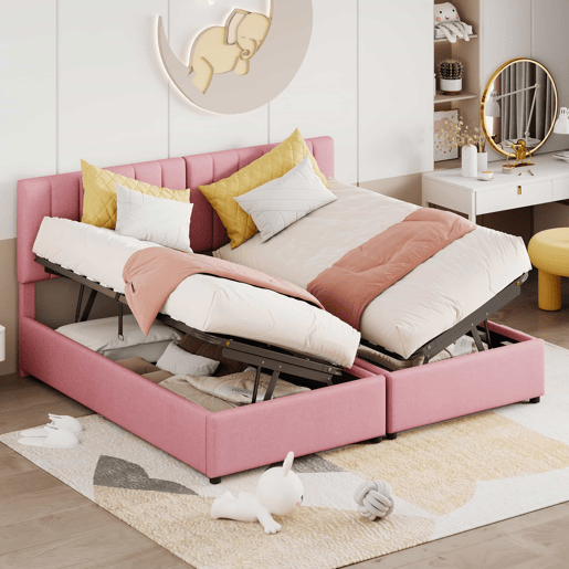 Sofá-cama estofado em tecido de linho - 180x200 cm - transformável em 2 camas individuais - Rosa