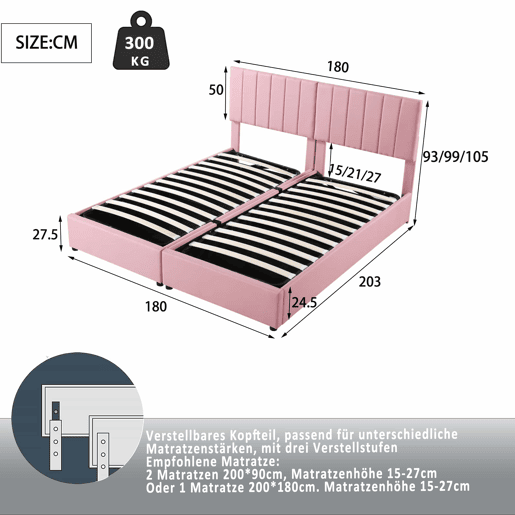 Sofá-cama estofado em tecido de linho - 180x200 cm - transformável em 2 camas individuais - Rosa